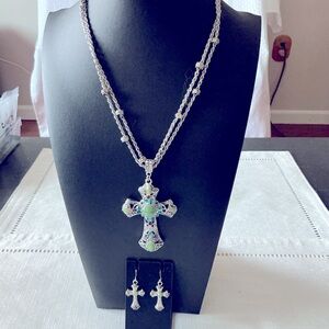 Sage Green Intricate Cross Pendant Necklace and Earrings